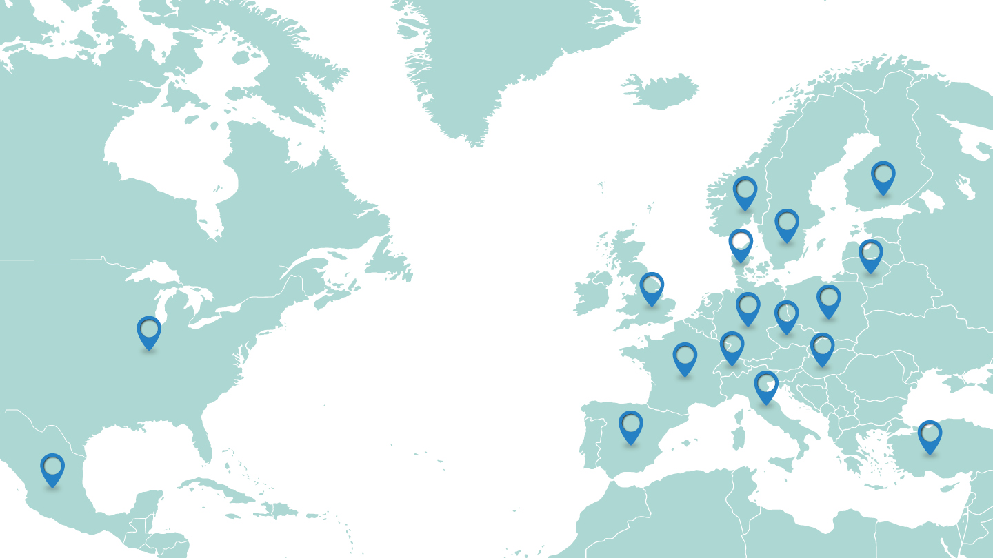 Kyocera Unimerco locations attached to a worldmap with pins